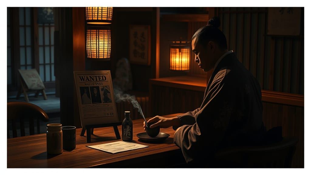 Ronin in Tavern: A Japanese Woodblock Print