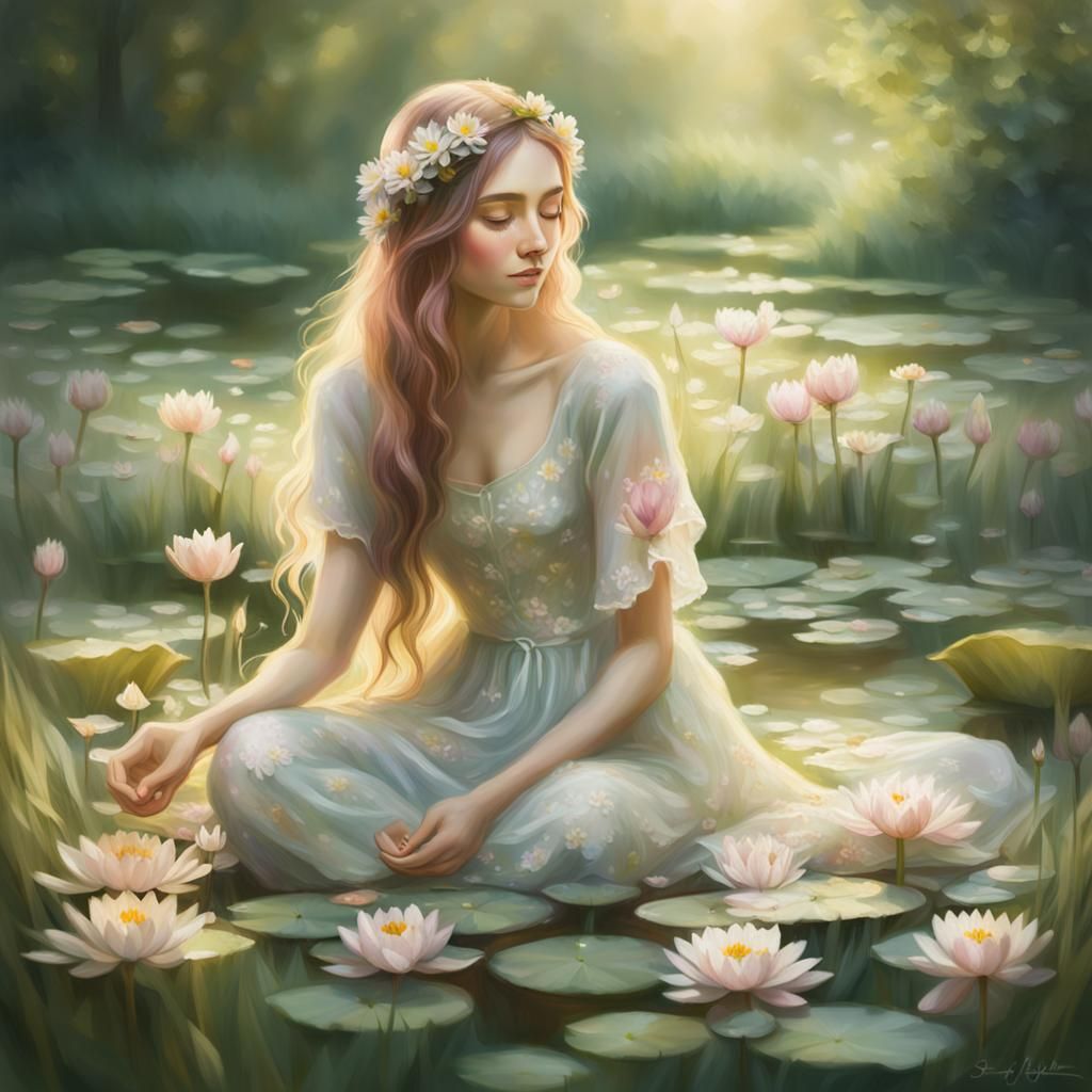 Floral Girl in Meadow: Impressionist Oil Painting