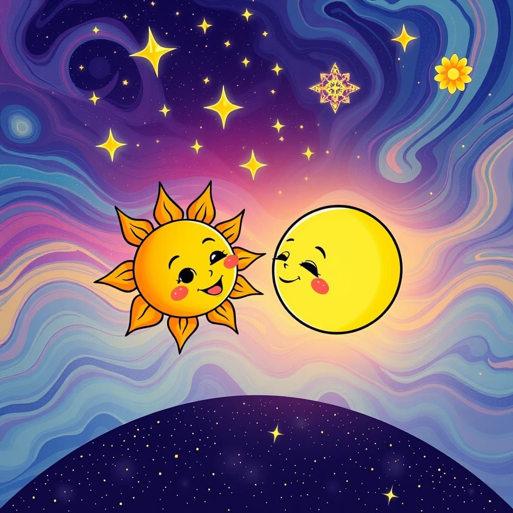Chibi Sun and Moon Characters in Psychedelic Starry Sky