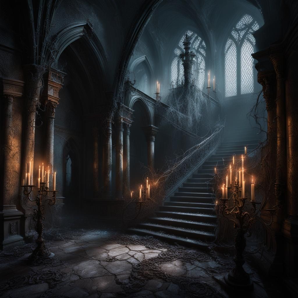 Ethereal Castle Hallway Ruins in Moonlight