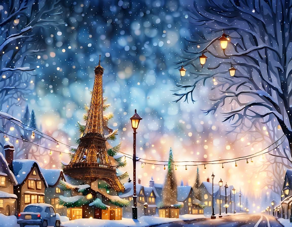 Festive Winter Wonderland Scene in Watercolor Style
