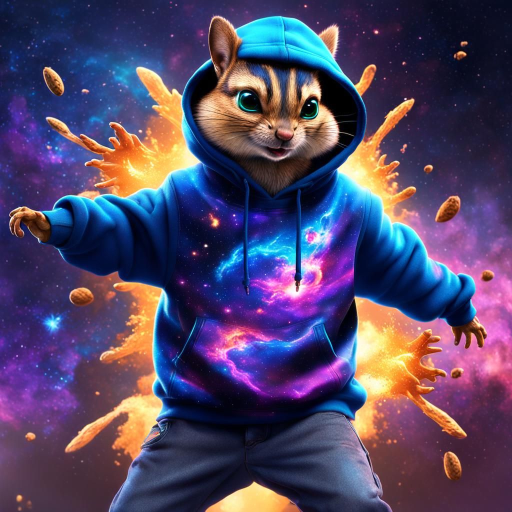 Chipmunk in Galaxy Hoodie Amidst Explosion: Digital Art