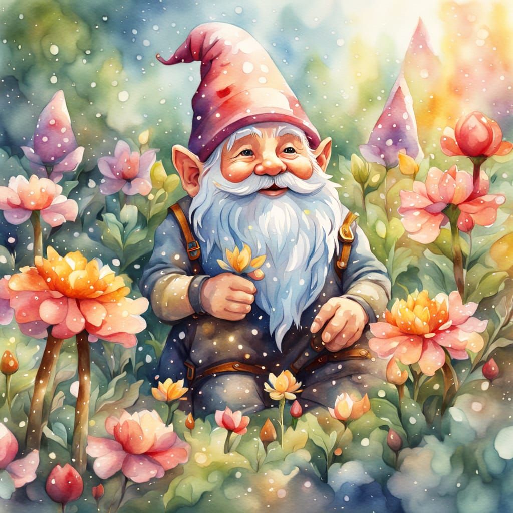 Cheerful Gnome's Watercolor Flower Garden in Pastel Colors