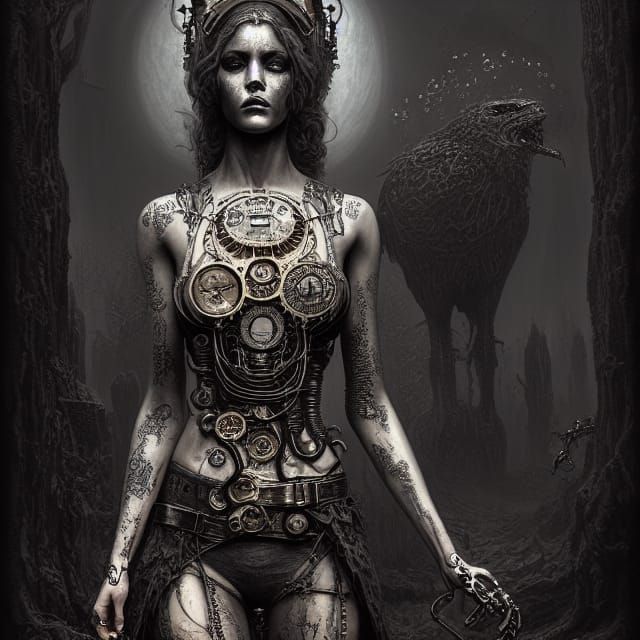 Steampunk Tattooed Woman in Sinister Necropolis