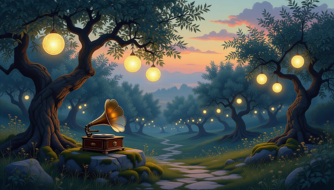 Enchanted Orchard with Glowing Orbs at Twilight