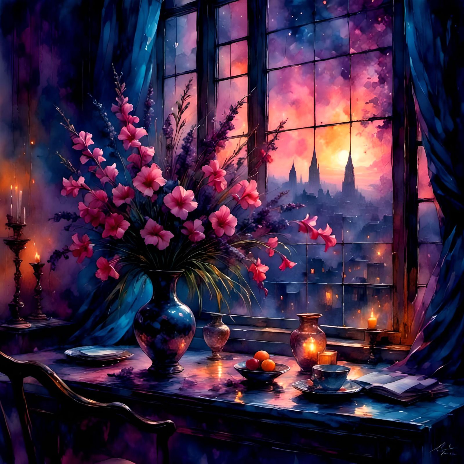 Vibrant Gladiolus and Lavender in Synthwave Style