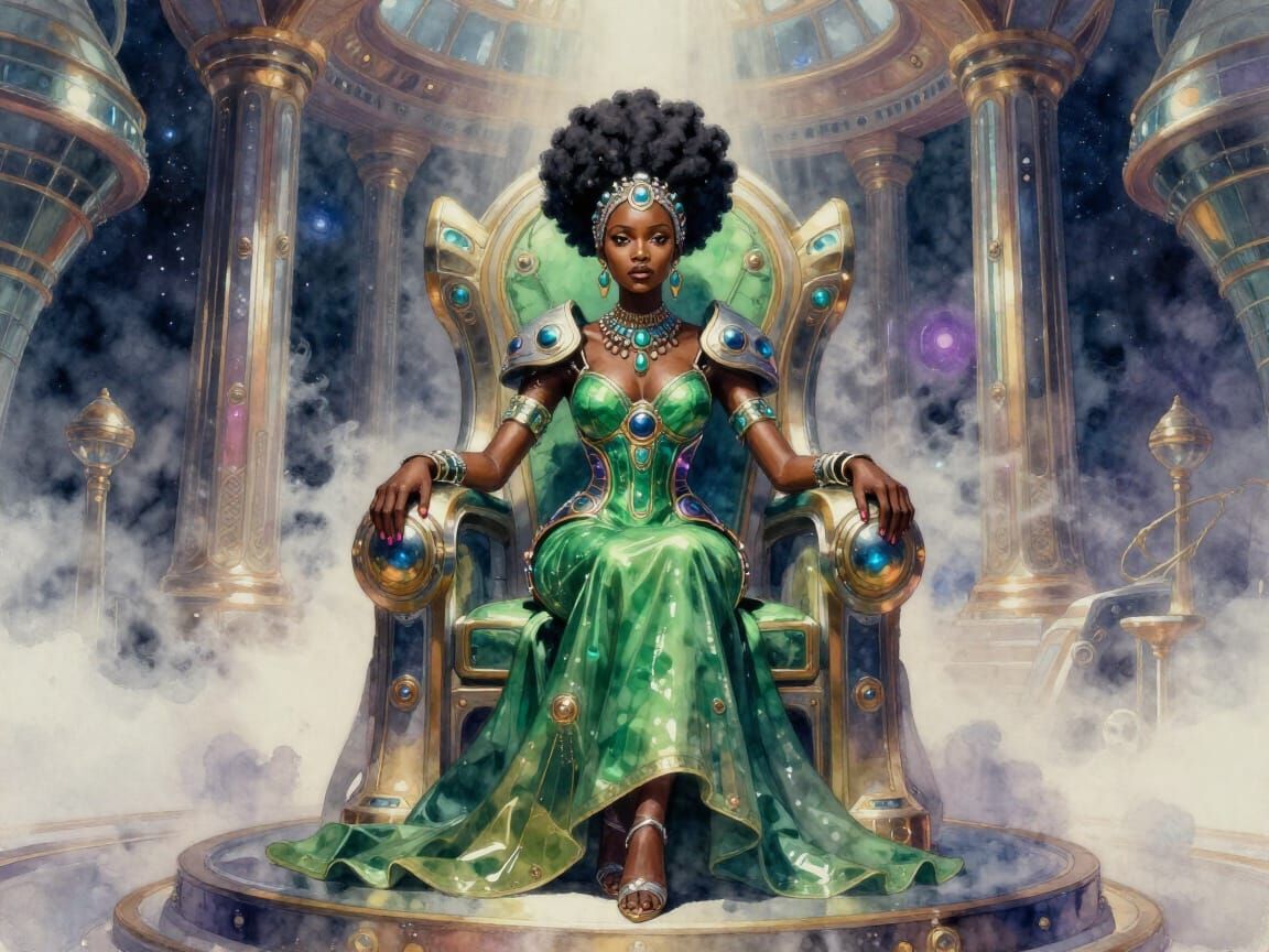 West African Queen in Cyberpunk Dress on Futuristic Throne