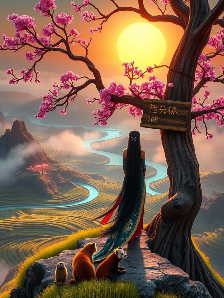 Surreal Chinese Goddess in Whimsical Landscape