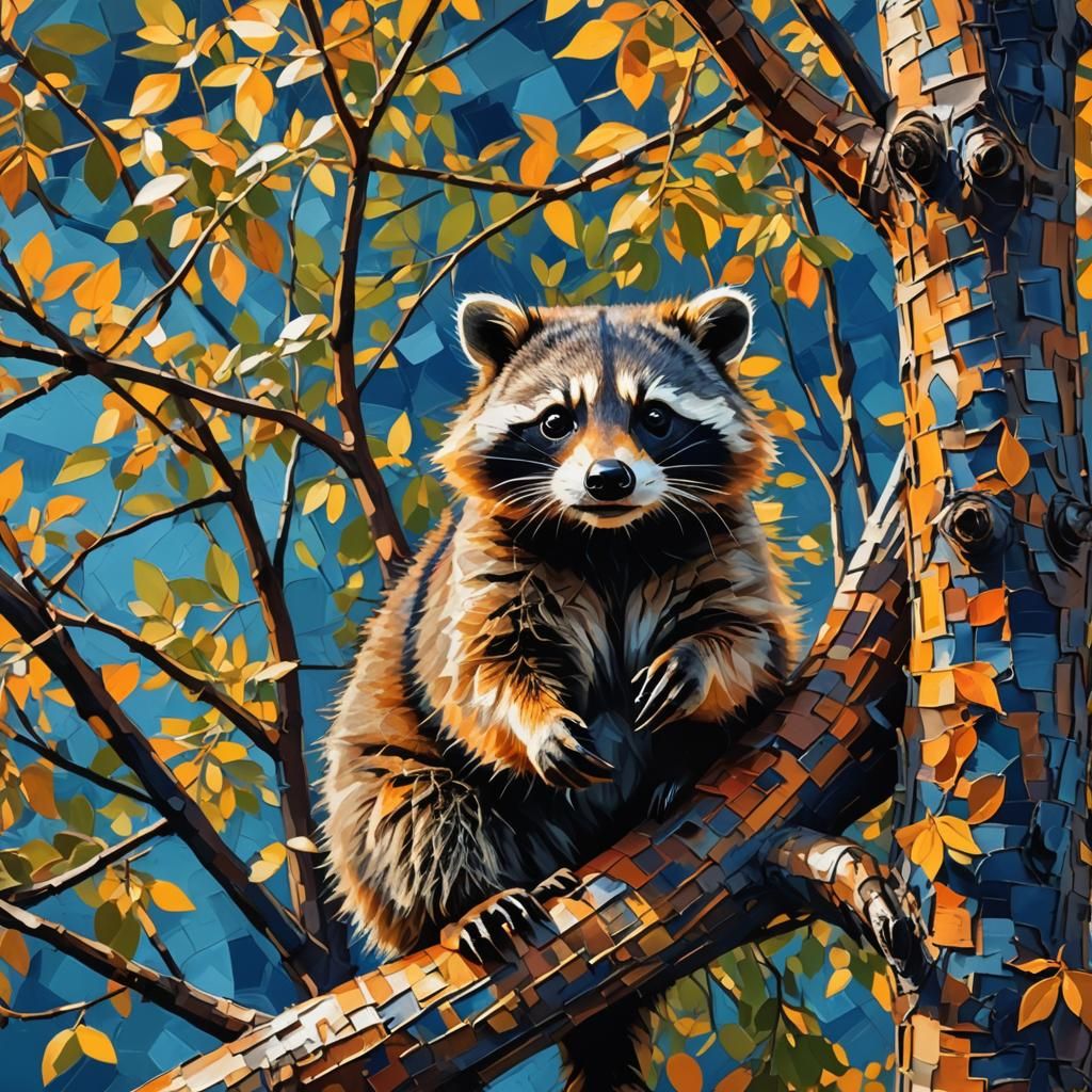 Raccoon Eating in Tree: Abstract Expressionist Painting