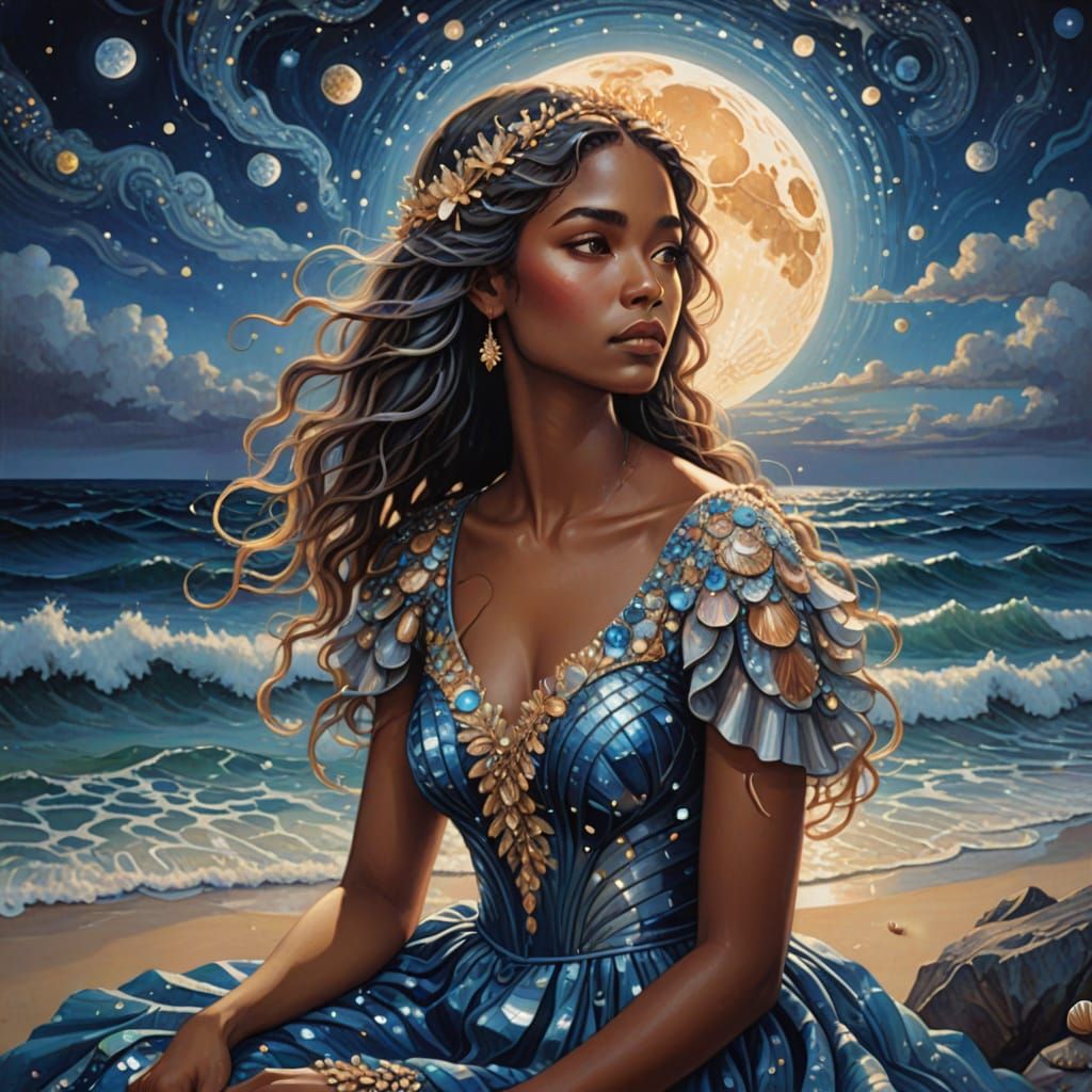 Cosmic Woman Gazing at Starry Ocean: Astral Illustration