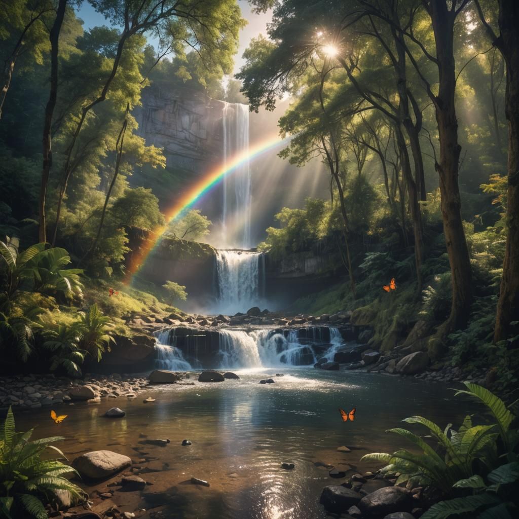 Waterfall Rainbow Scene with Butterflies in Cinematic Style
