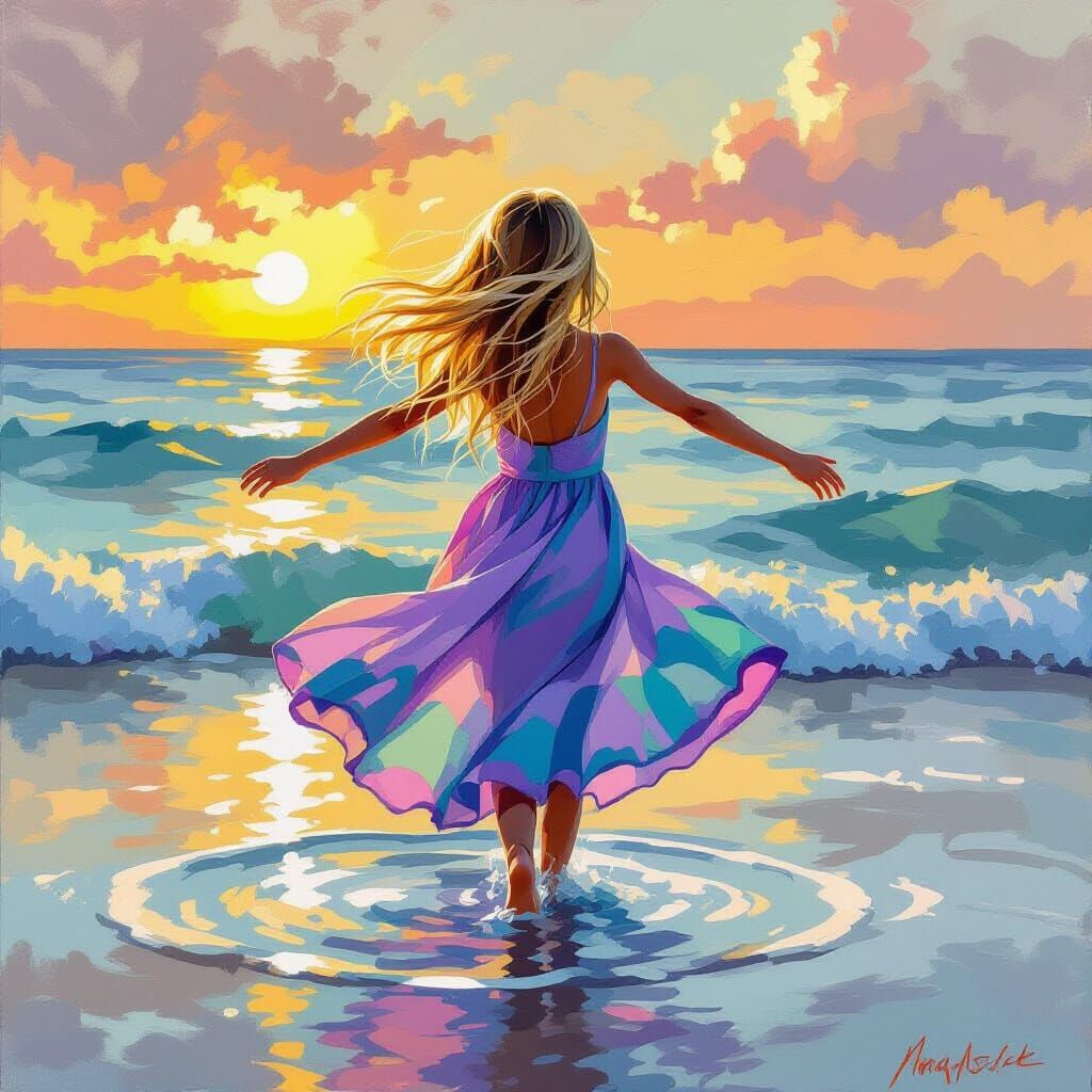 Girl Dances in Sunset Reflection: Miyazaki-esque Painting