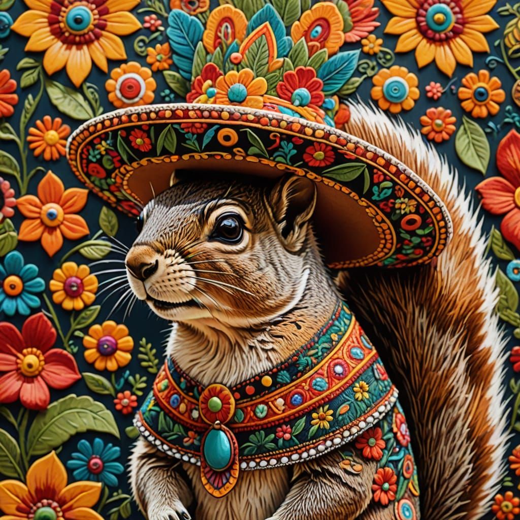 Squirrel in Sombrero: Vibrant Folk Art Portrait