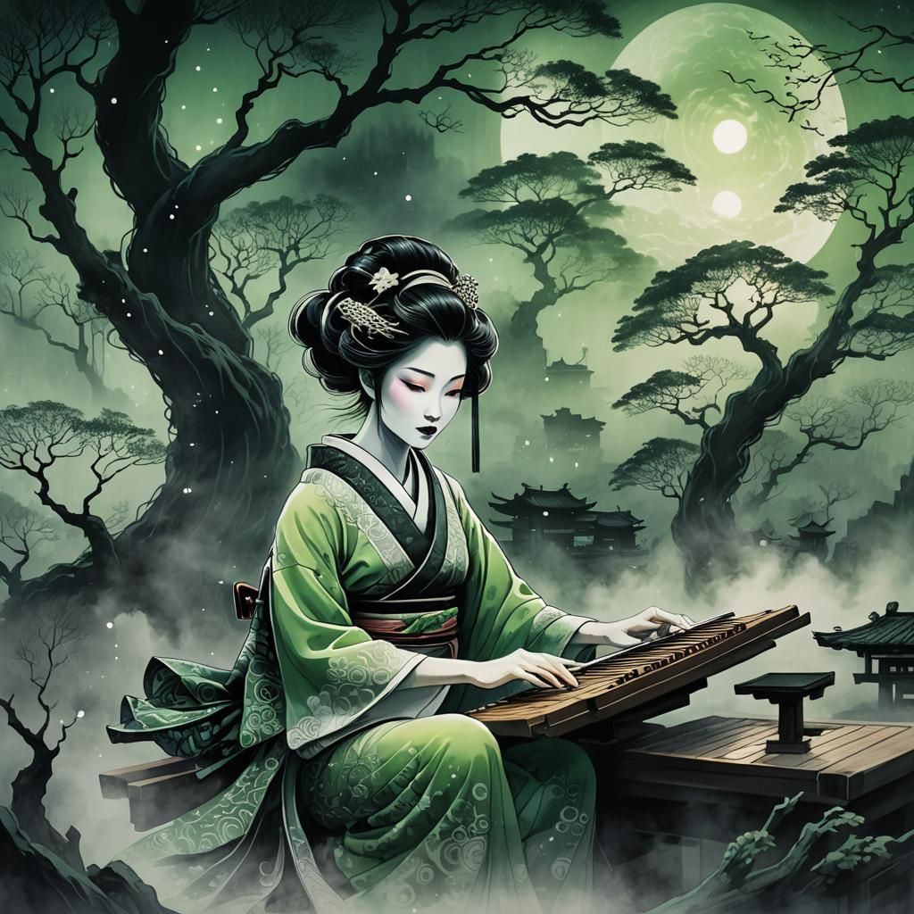 Ethereal Geisha Koto Player in Dark Anime Style