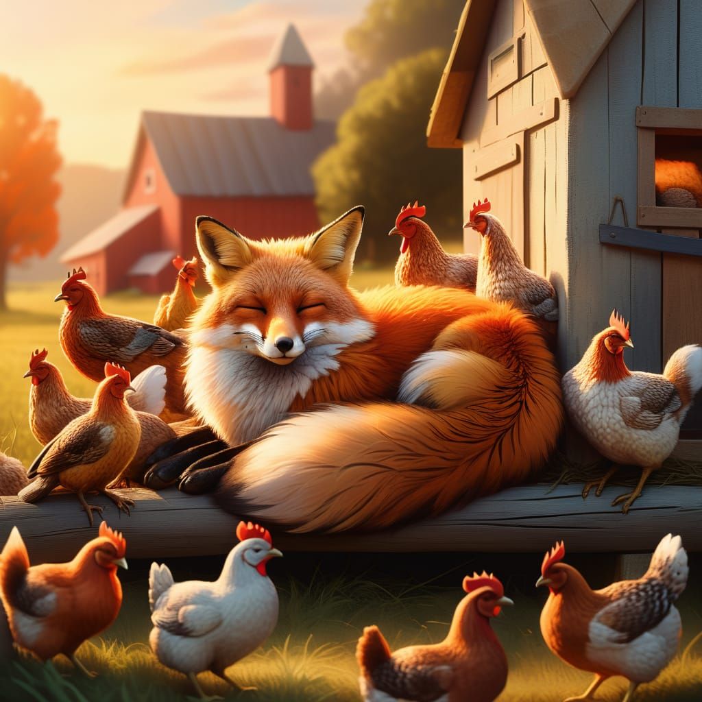 Relaxed Fox and Chickens in Golden Light