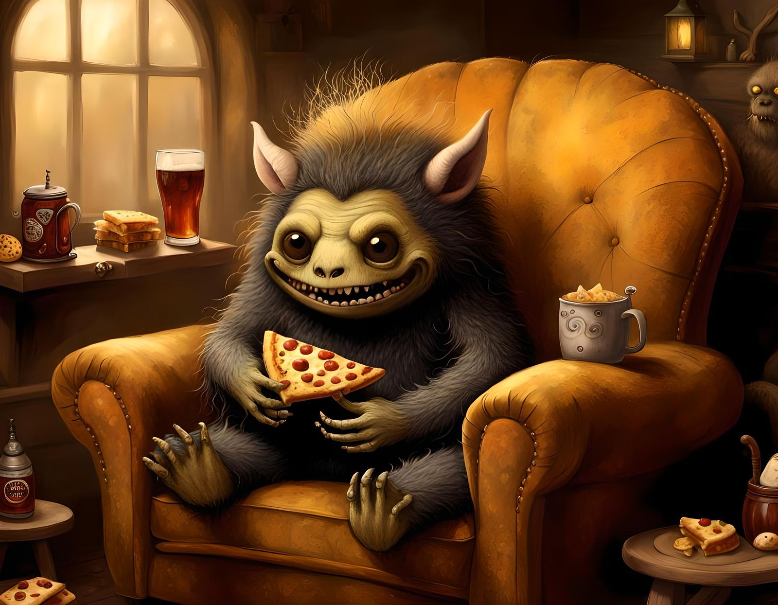 Cute Monster Enjoying Pizza in Armchair, CGI Render