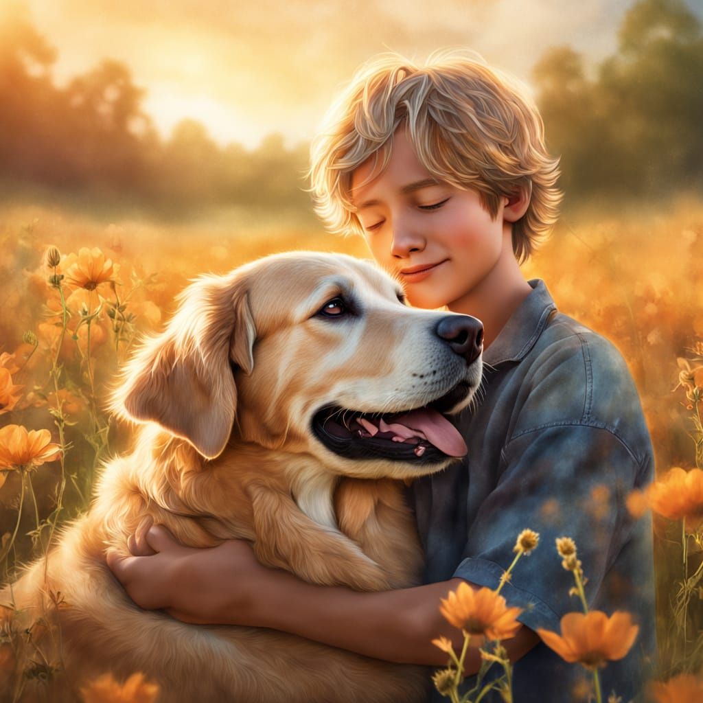 Boy and Golden Retriever in Meadow: Children's Book Style