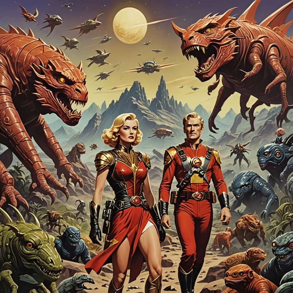 Retro Sci-Fi Scene with Flash Gordon Characters