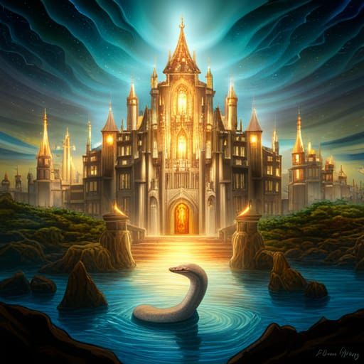 Serpent King in Castle: Astral Cosmic Illustration