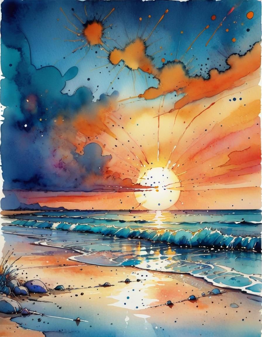Colorful Beach Sunset in Watercolor Style