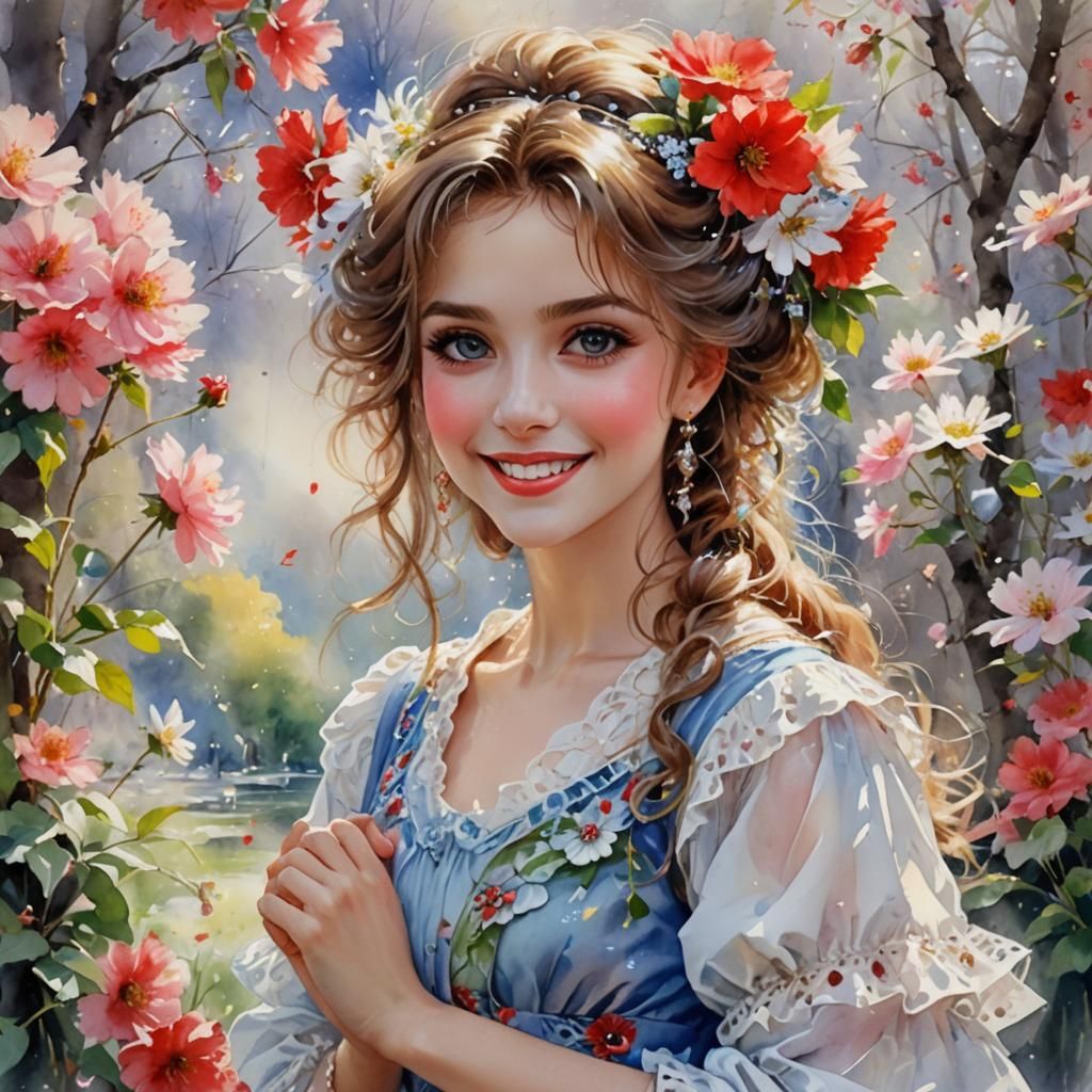 Charming Girl with Scarlet Flowers in Watercolor Style