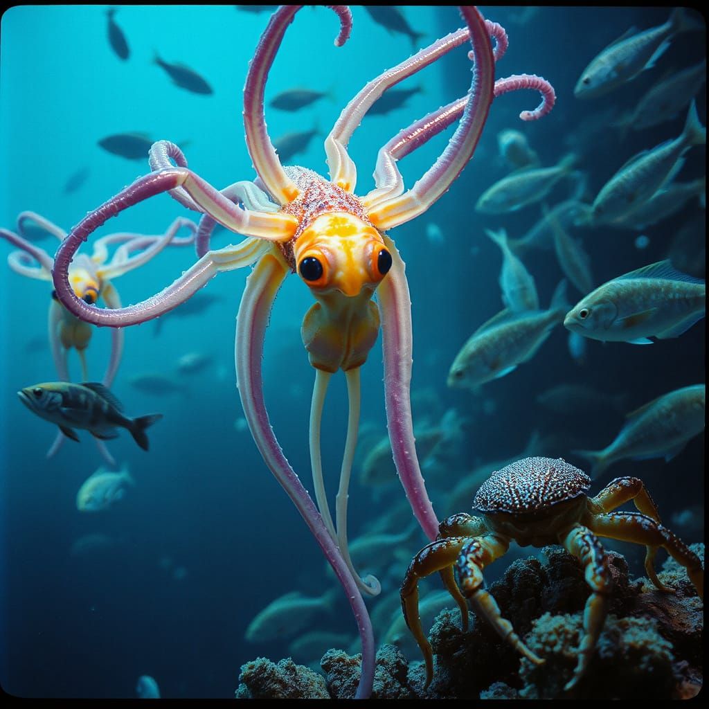 Bioluminescent Alien Squid in Deep-Sea Exoplanet Environment