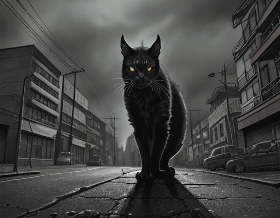 Hellhound and Demonic Cat Battle in Post-Apocalyptic City