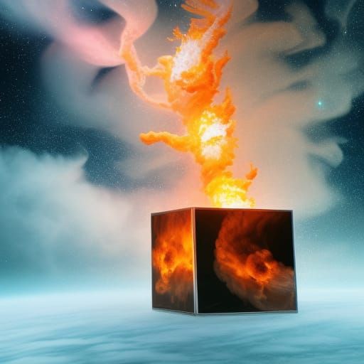 Fire tornado in an cube of ice on a floating world in space,...