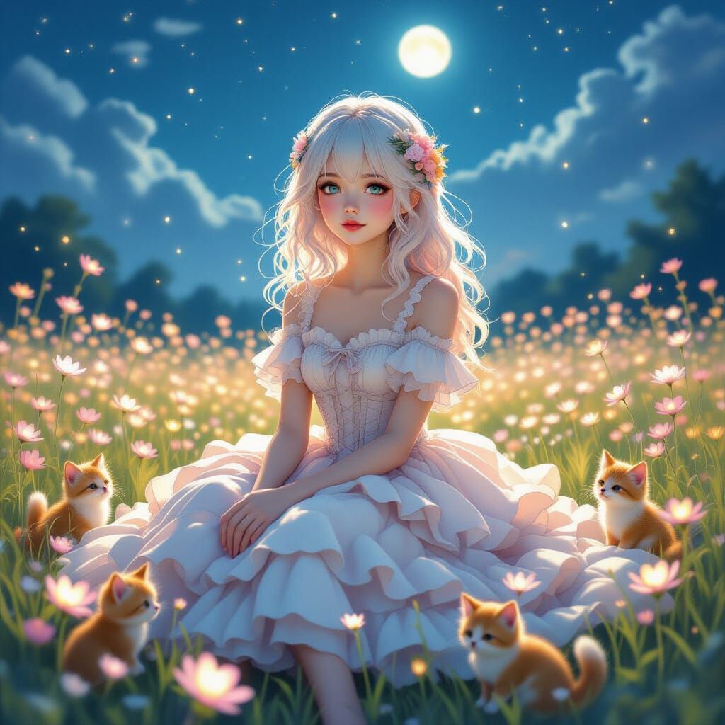Ethereal Girl with Glowing Companions in Moonlight
