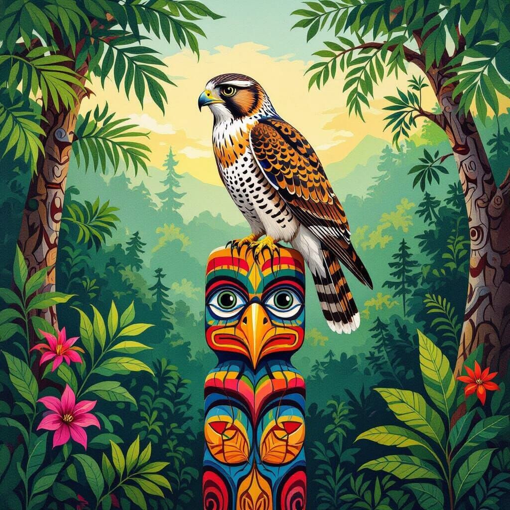 Hawk Butterfly on Totem Pole in Illustrated Style