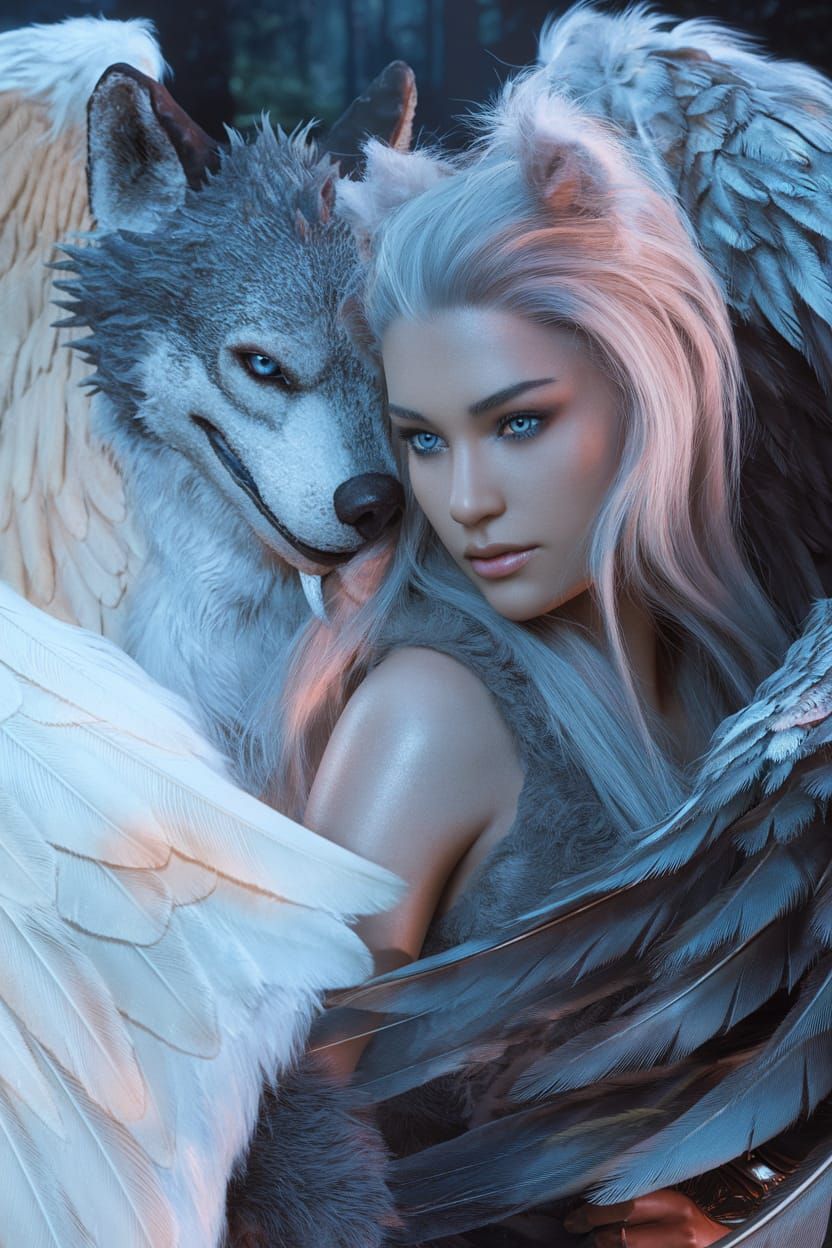 Fallen angel, smooth tan skin, blue eyes, pastel colored hai...