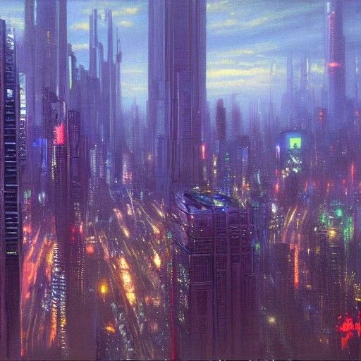 Distant Cyberpunk City as Digital Oil Painting