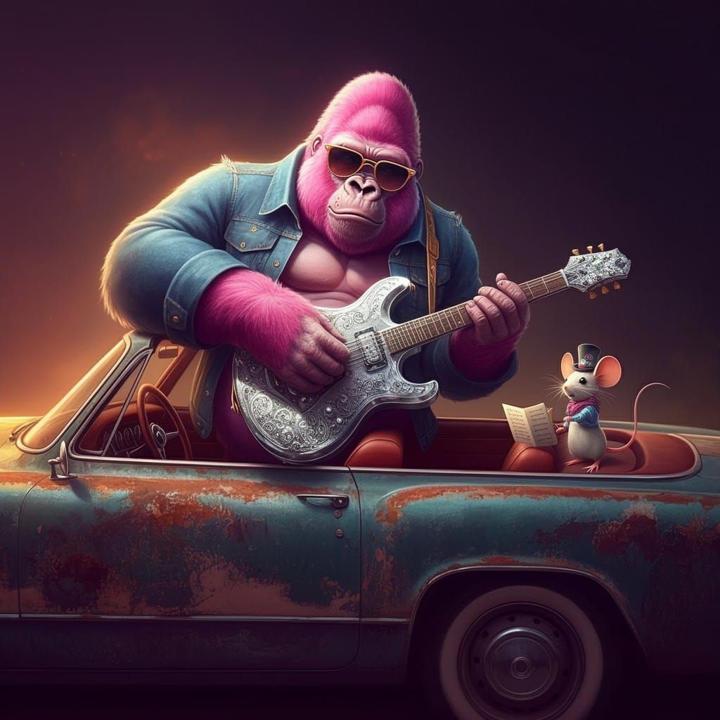 Pink Gorilla Plays Guitar, Cartoonish Whimsical Style