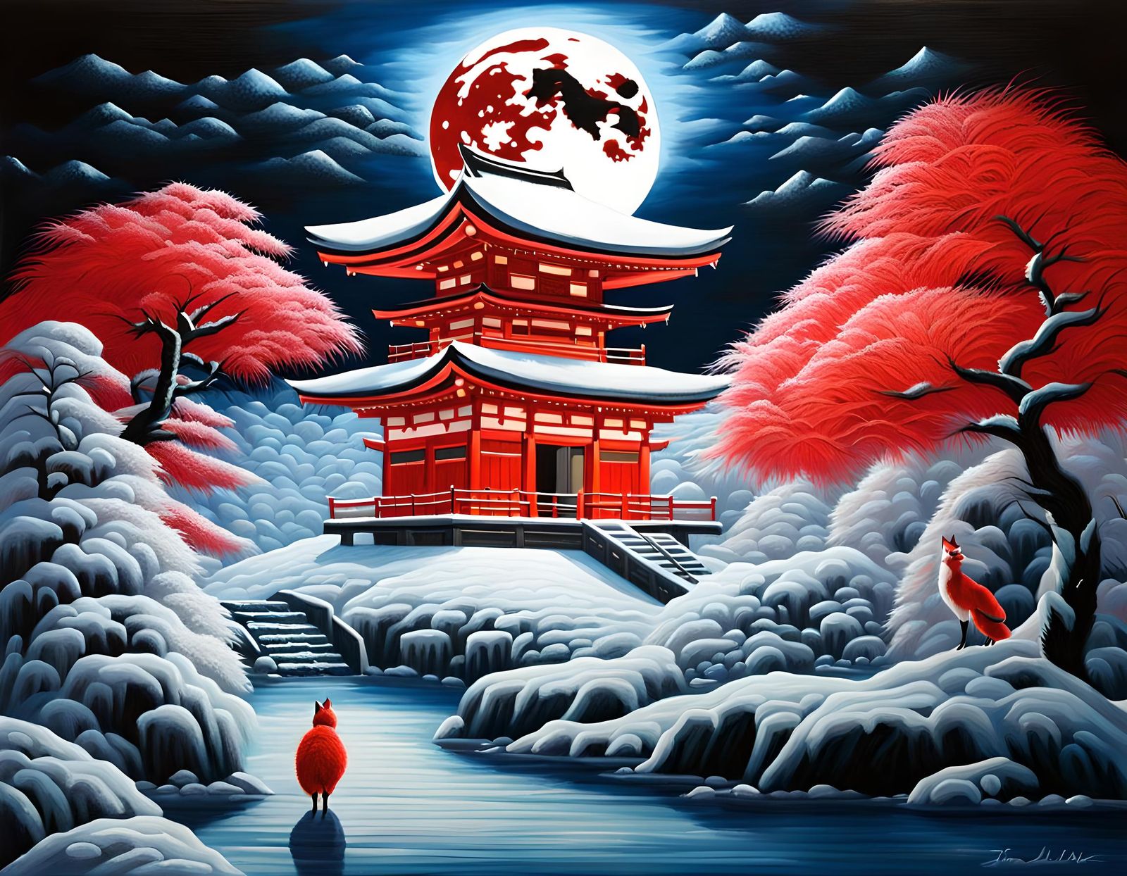 Icy Shinto Shrine in Surrealist Oil Painting