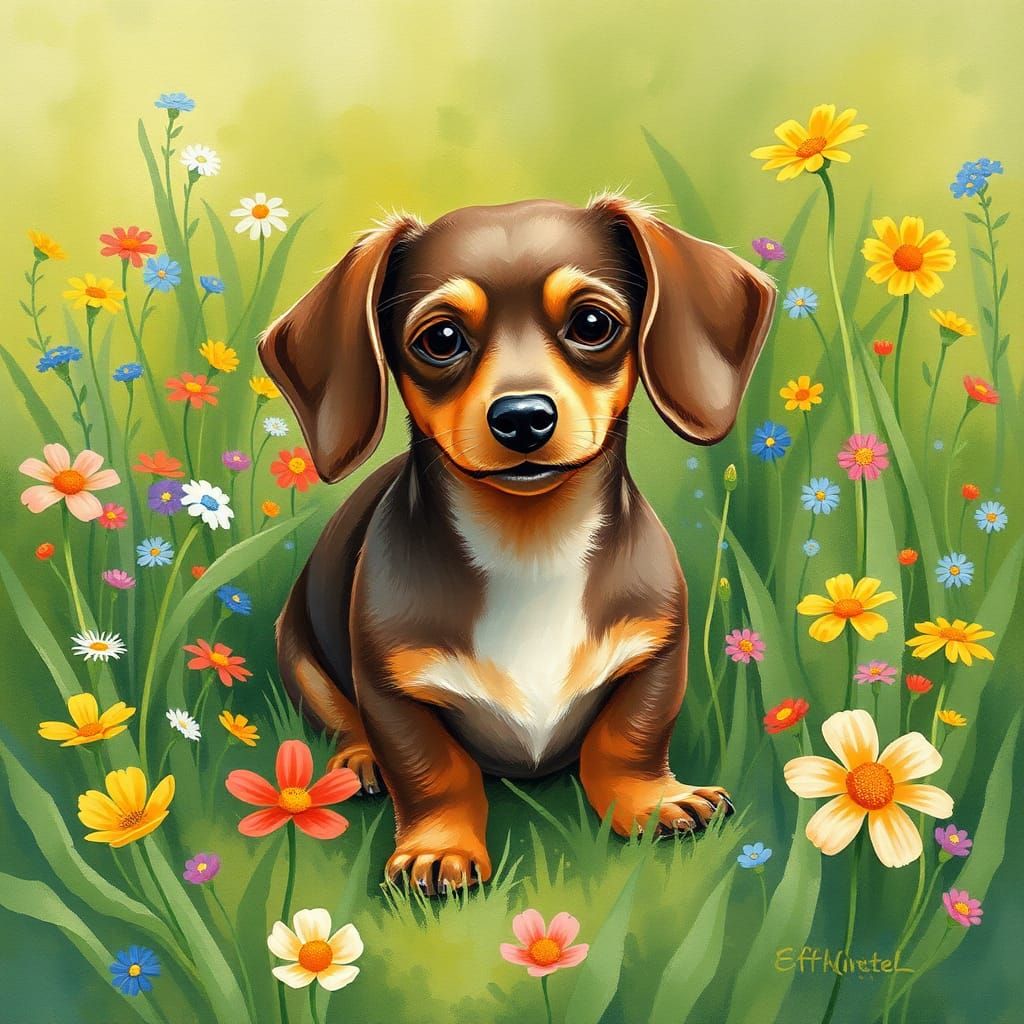 Mini Dachshund Puppy in Dreamy Watercolor Meadow