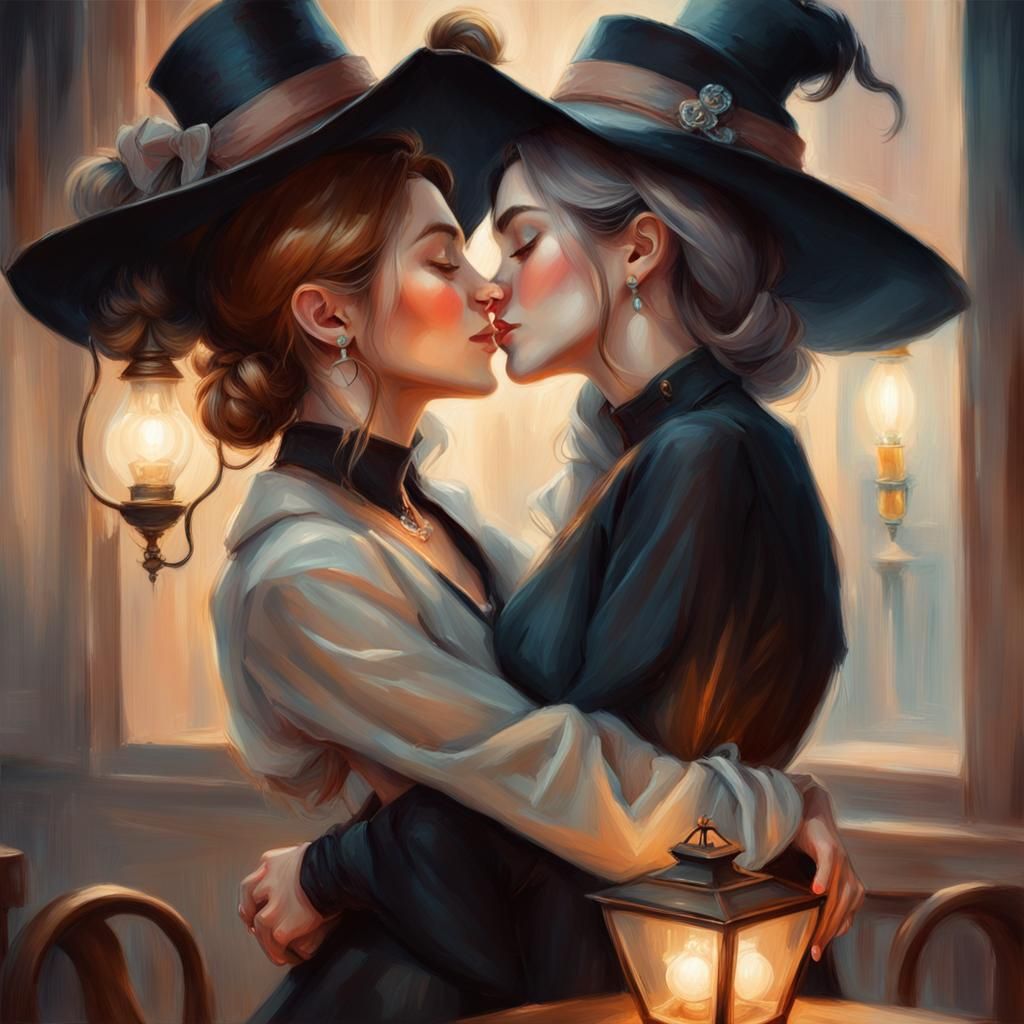 oil sketch - lesbian lovers: 2 girls, wearing matching rings on finger, kiss on ear, looking happily, long sleeve clothi...