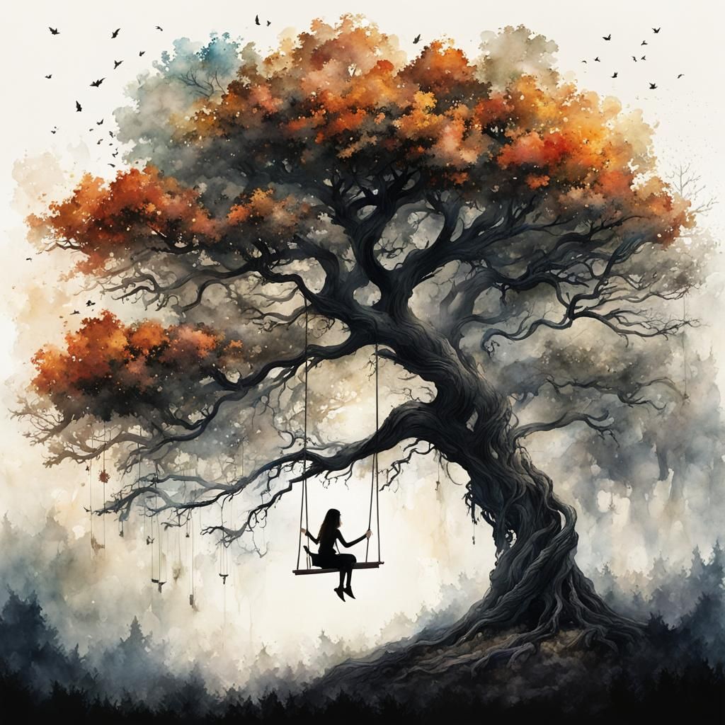 Fairy on a Swing in Tree, Watercolor Style