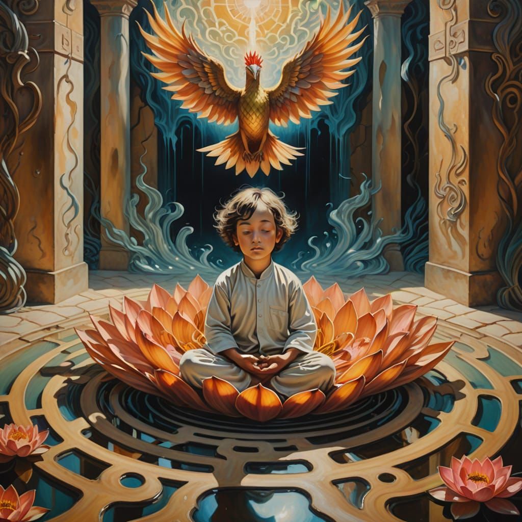 Meditating Child in Surreal Labyrinth, Salvador Dali Style