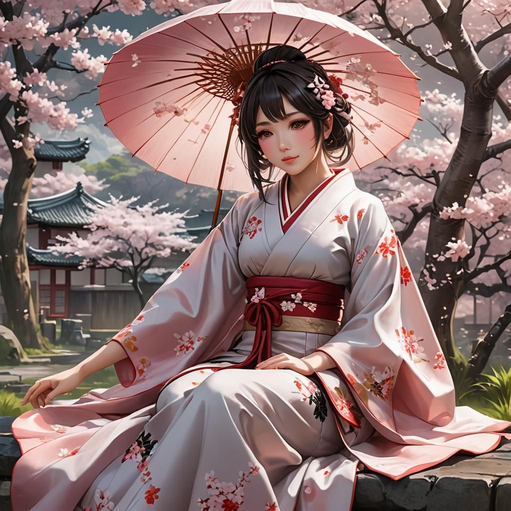 Anime Girl in Sakura Garden: 3D Art