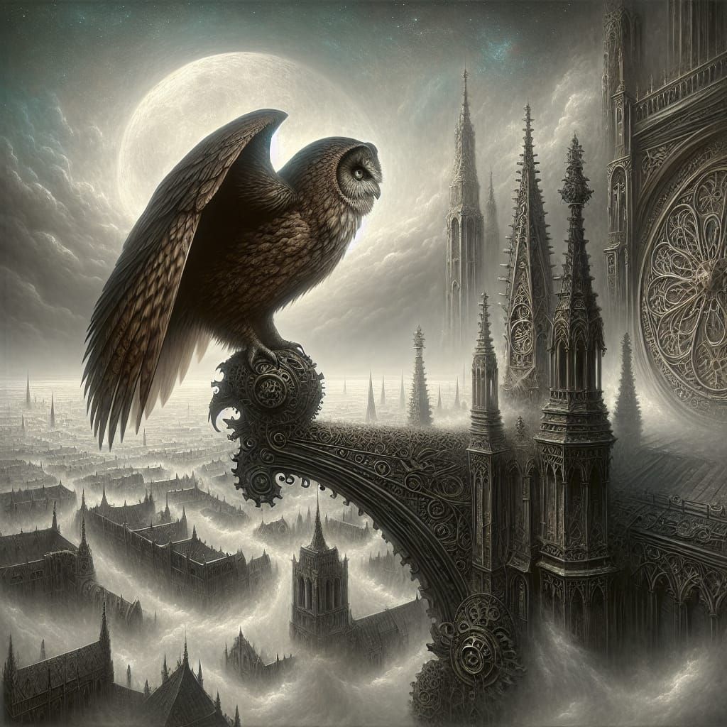 Gothic Owl on Cathedral Spire in Dreamlike Fog