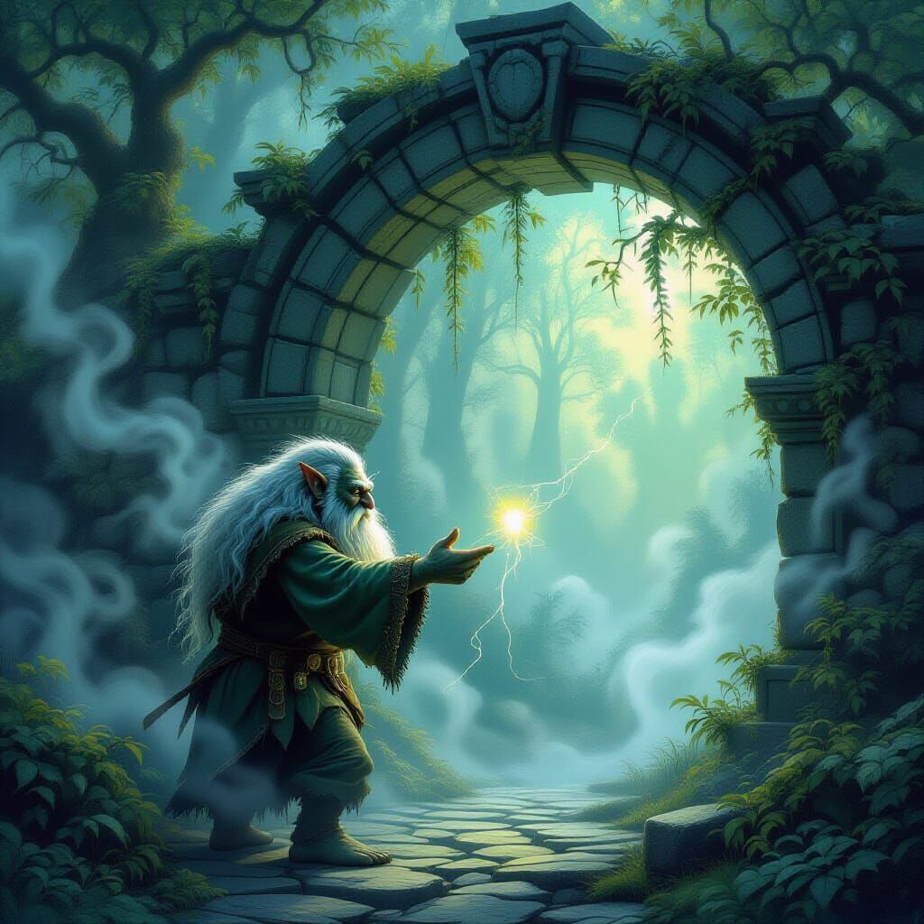 Wise Troll Guards Mystical Archway and Glowing Thread