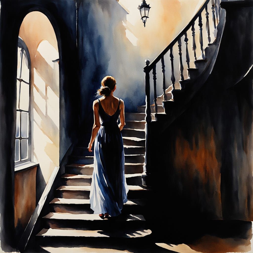 Woman Descends Stairs in Soft Chiaroscuro Lighting