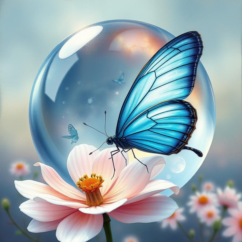 Blue Butterfly on Flower in Ethereal Fantasy Art