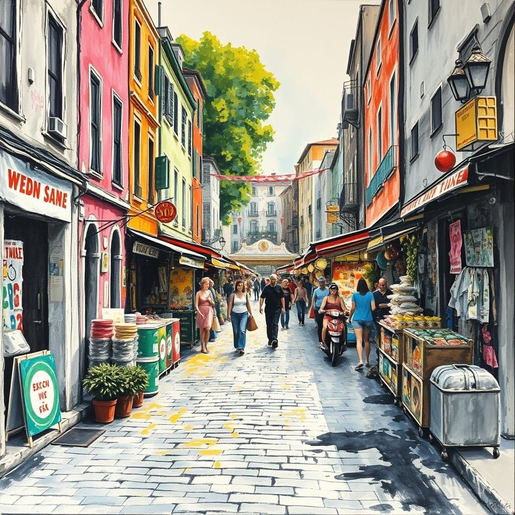 Vibrant Market Street Scene in Neo-Impressionist Style