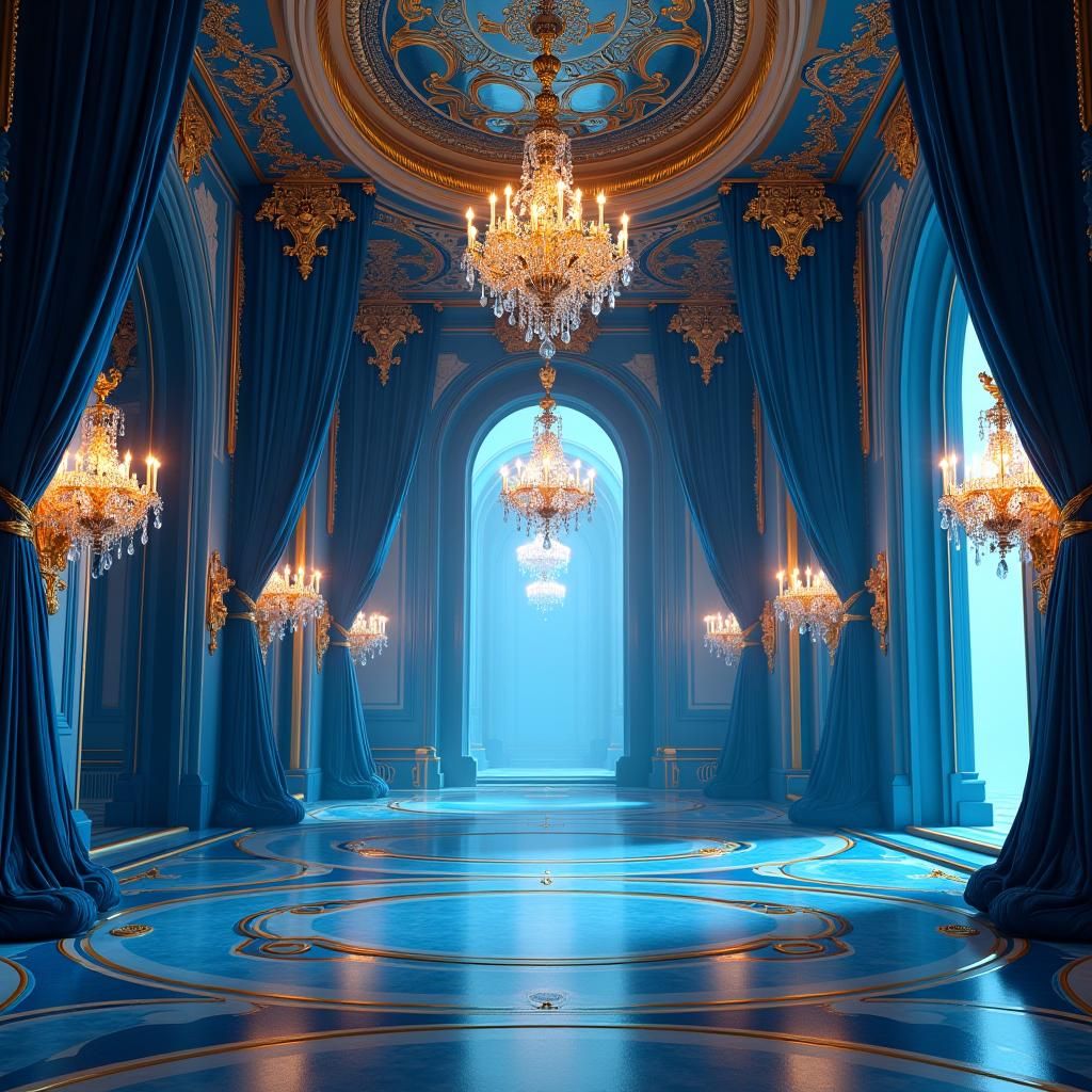 Ornate Blue Chamber with Crystal Chandeliers