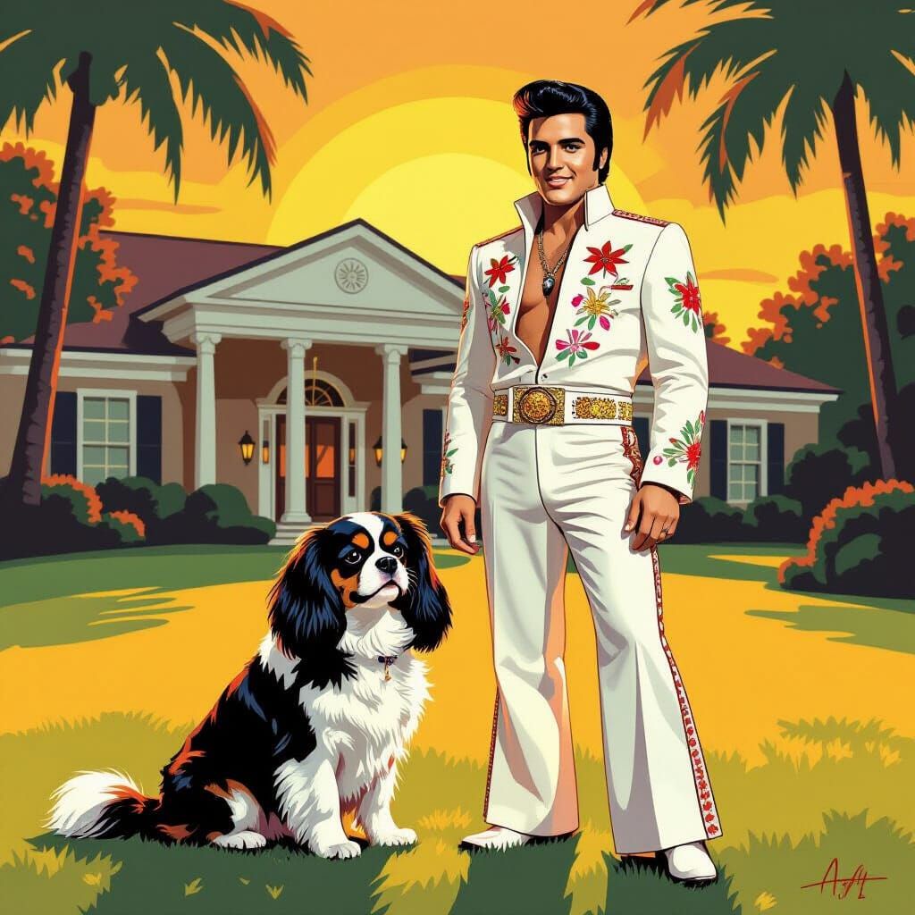 Elvis Presley with Cavalier King Charles Spaniel at Gracelan...