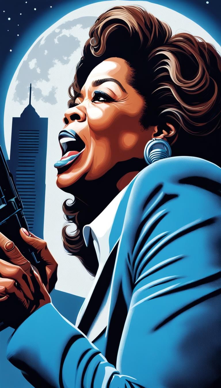 Woman Howling at Moon on Skyscraper in Neon Style