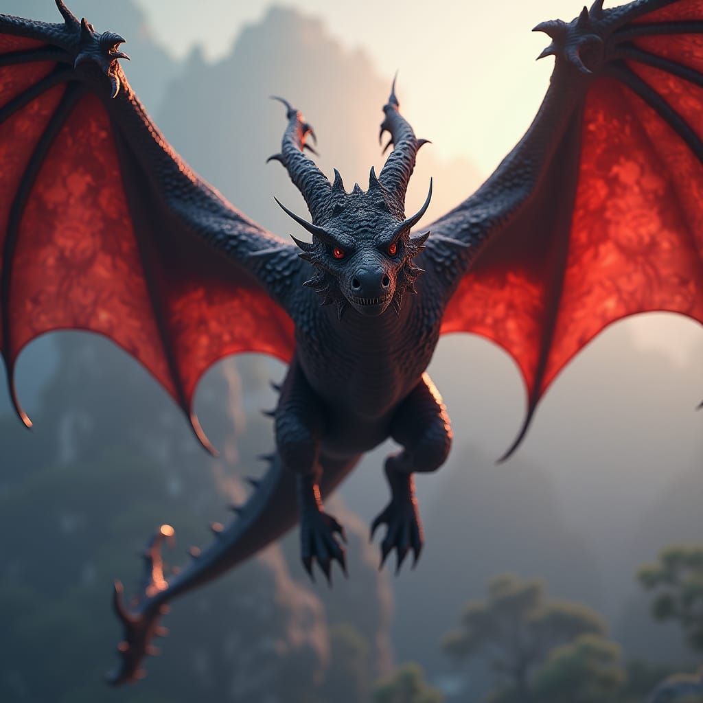 Crimson Black Dragon Soaring Silently as Matte Painting