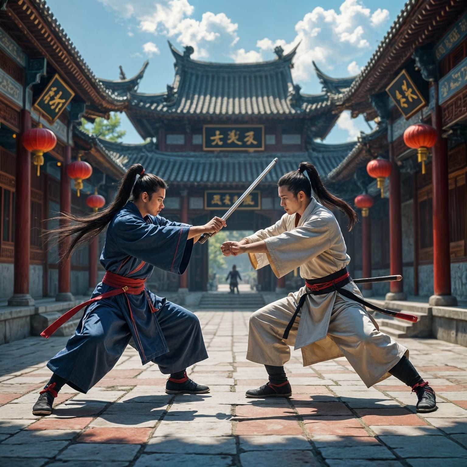 Kung Fu Masters Battle in China Courtyard Hyperrealistic Viv...
