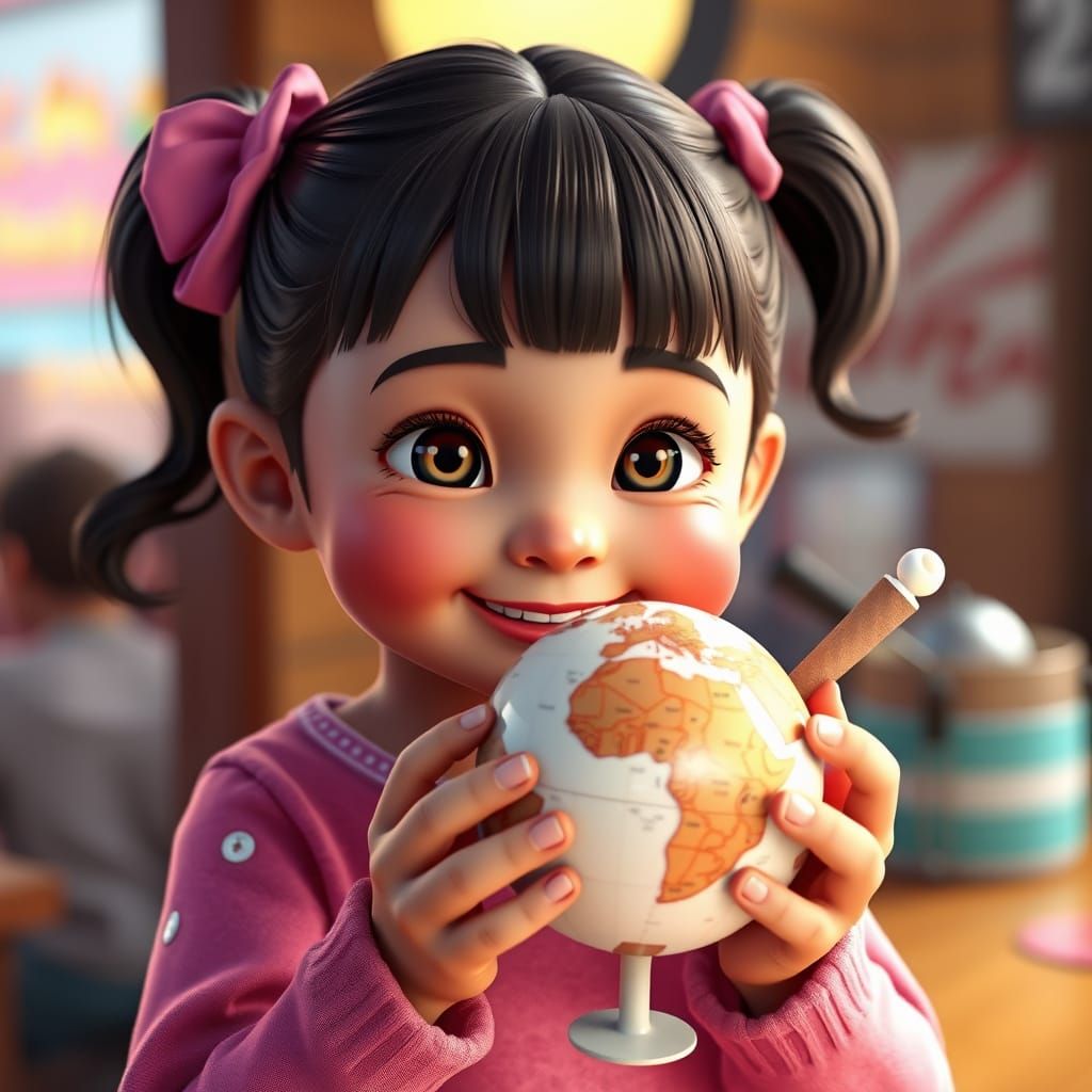 Cute Girl with Globe Ice Cream, 3D Render
